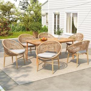 Christopher Knight Home Dessa Outdoor Dining Set, Wicker Barrel Dining Chairs of 6, Slats Panel Rectangular Table, Faux Rattan Accent Chairs and Acacia Table Set for Backyard Garden, Light Brown+Teak(Light Brown+teak)