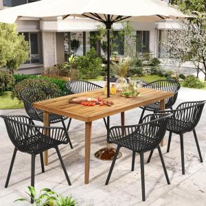 Christopher Knight Home Echoa 7-Piece Patio Dining Table Sets with Umbrella Hole, 63” Table and Chairs Set for 6 People, Acacia Wood Table Plastic Chairs for Lawn Backyard Garden Deck, Black+Teak(Black+teak)