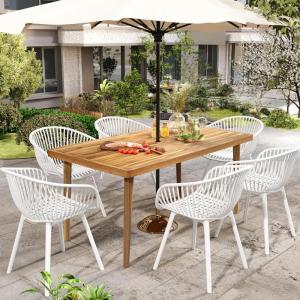 Christopher Knight Home Echoa 7-Piece Patio Dining Table Sets with Umbrella Hole, 63” Table and Chairs Set for 6 People, Acacia Wood Table Plastic Chairs for Lawn Backyard Garden Deck, Black+Teak(White+teak)