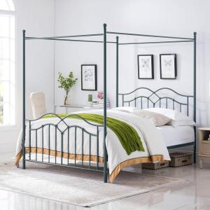 Christopher Knight Home Eileen Metal Canopy Bed Frame Queen Size with Headboard/Footboard, 4 Poster Platform Queen Bed Frame with Classic Knob Posts, Iron Slat Support, No Box Spring Needed, Pink(Blue)