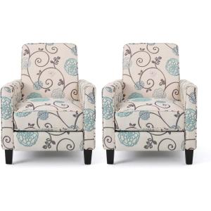 Christopher Knight Home Emmie Fabric Recliner (Set of 2), Light Beige with Blue Floral, Dark Brown