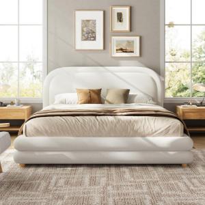 Christopher Knight Home Fika Boucle Upholstered Queen Size Bed Frame with Headboard, Modern Queen Bed Frame and Headboard, Wooden Slats Support, Easy Assembly, No Box Spring Needed, White(White)