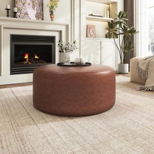 Christopher Knight Home GAVI Corduroy Ottoman Foot Stool, 30″ Pouf Footstool Ottoman Seat, Upholstered Foot Chair, Round Footrest, Modern Side Table for Living Room Bedroom Home Decor, Olive Green(Brown  Faux Leather)