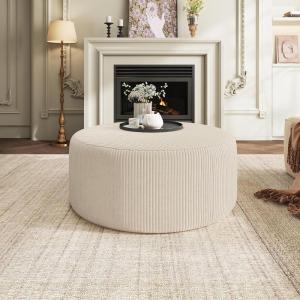Christopher Knight Home GAVI Corduroy Ottoman Foot Stool, 30″ Pouf Footstool Ottoman Seat, Upholstered Foot Chair, Round Footrest, Modern Side Table for Living Room Bedroom Home Decor, Olive Green(Beige  Corduroy)