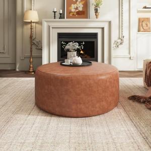 Christopher Knight Home GAVI Corduroy Ottoman Foot Stool, 30″ Pouf Footstool Ottoman Seat, Upholstered Foot Chair, Round Footrest, Modern Side Table for Living Room Bedroom Home Decor, Olive Green(Cognac Brown  Faux Leather)