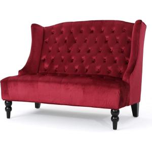 Christopher Knight Home GDFStudio Leona Modern Glam Tufted Velvet Wingback Loveseat, Wine and Dark Brown, 34.00 ”D x 50.25‘’W x 38.50” H