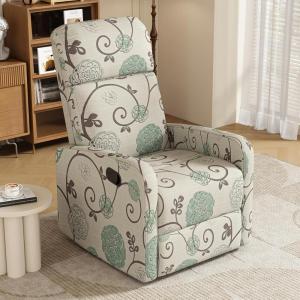 Christopher Knight Home Gaius Modern Fabric Upholstered Manual Push Back Recliner Chair, Wooden Gliding Home Theater Seating, Comfy Reading Chair, Deep Seating Single Sofa Accent Chair, Beige+Blue(Beige+blue)