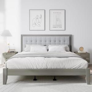 Christopher Knight Home Gray Platform Bed, Solid Wood Bed Frame with Tufted Square Headboard, Upholstered Design Headboard, Wood Bed Support and Slat, Mid Century Modern Design Bed Set, Cal King Size(California King)
