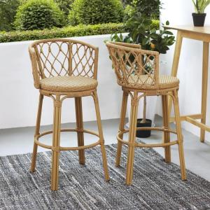 Christopher Knight Home Harrison 28.75″H Outdoor Barstools Set of 2, Rattan Bar Chair, Barrel Backrest Counter Stool, Country Style Bistro Stool, Patio Barstools for Gardern Orchard Yard, Light Brown