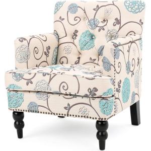 Christopher Knight Home Harrison Fabric Tufted Club Chair, White / Blue (29.5″D x 28″W x 33.5″H)(Floral)
