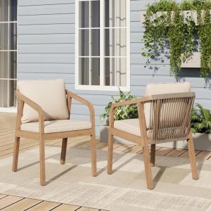Christopher Knight Home Hawes Acacia Wood Outdoor Dining Chair Set of 2 with Cushion, Wooden Patio Dining Armchair Set with Rope Woven Backrest, Patio Furniture Set for Outdoor Dinner,Light Teak+Cream