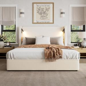 Christopher Knight Home Hazel 49.20″ H King Headboard Bed, Upholstered King Size Bed, Slats Panel Support Platform, No Spring Box Needed, Wingback Headboard with Reading Lamps and USB, Beige(Queen)