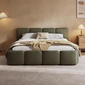 Christopher Knight Home Hazel King Size Platform Bed, Boucle Thick Headboard and Footboard, Upholstery Grounded Beds, Block Style, Wood Slats Panel Support, No Spring Box Needed, Easy Assembly, White(Olive Green)