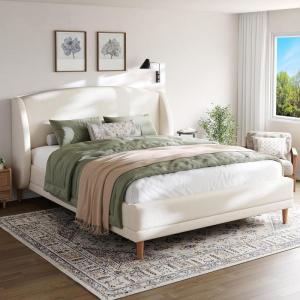 Christopher Knight Home Hazel Queen Size Bed Frame, Upholstered Platform Bed, Soft Boucle Wingback Headboard, Wood Bed Support and Slats, Curved-Shaped Headboard Queen Bed for Adult, 44.50″ H White(White)