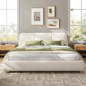 Christopher Knight Home Hazel Upholstered King Size Bed and Headboard, Linen Fabric King Size Headboard, Wooden Slats Panel Platform Bed, Solid Wood Legs, No Box Spring Needed, Easy Assembly, White(King)