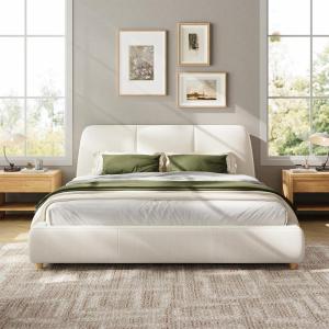 Christopher Knight Home Hazel Upholstered King Size Bed and Headboard, Linen Fabric King Size Headboard, Wooden Slats Panel Platform Bed, Solid Wood Legs, No Box Spring Needed, Easy Assembly, White(Queen)