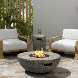Christopher Knight Home Hearth Outdoor Fire Pit and Tank Holder Set, Lightweight Concrete Tank Table, 30000BTU Round Fire Pit, Woodlike Texture, Concrete Patio Fire Bowl, No Assembly Needed, Gray