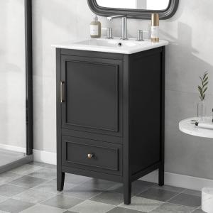 Christopher Knight Home Henie 20″ Bathroom Vanity with Ceramic Sink, Storage Cabinet with Door Organizer, Drawer, Acacia Wood Legs & MDF Wood, Space-Saving, Open Back, Adjustable Foot Pads, Black(Black)