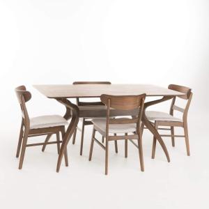 Christopher Knight Home Idalia Curved Leg Rectangular Dining Set, 5-Pcs Set, Natural Walnut / Light Beige(Light Beige)