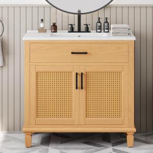 Christopher Knight Home Jones 36″ Bathroom Vanity with Ceramic Sink, Freestanding Bathroom Storage Cabinet, Wooden Bathroom Vanity Organizer, Pedestal Sink Storage Cabinet,Drawer+Rattan Door, Natural(Natural)