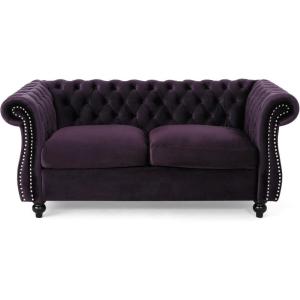 Christopher Knight Home Karen Traditional Chesterfield Loveseat Sofa, Emerald and Dark Brown, 61.75 x 33.75 x 27.75(Blackberry)