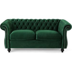 Christopher Knight Home Karen Traditional Chesterfield Loveseat Sofa, Emerald and Dark Brown, 61.75 x 33.75 x 27.75(Emerald)