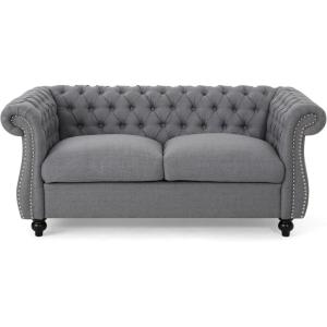 Christopher Knight Home Karen Traditional Chesterfield Loveseat Sofa, Emerald and Dark Brown, 61.75 x 33.75 x 27.75(Grey)