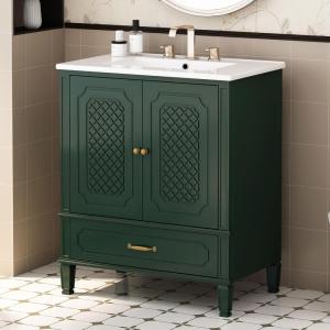 Christopher Knight Home Kayon 30″ Bathroom Vanity with Ceramic Sink, Acacia Wood Frame, Storage Cabinet with Door Organizers, Adjustable Shelf and 1 Drawer, Soft-Closing Door, Dark Green(Dark Green)