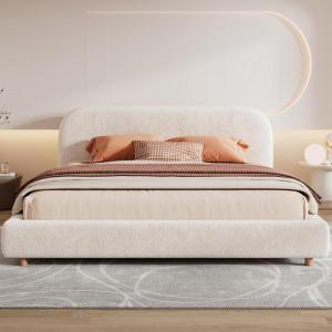 Christopher Knight Home King Size Platform Bed, Boucle Fabric Headborad and Bed Frame, Upholstered Curve-Shaped Design Headboard, Wood Bedpost and Slat, Modern Design Bed Set, Easy Assembly, White(White Boucle)