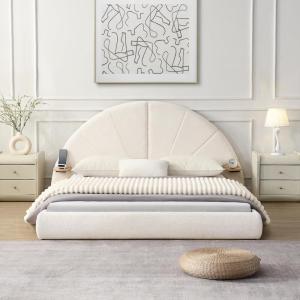 Christopher Knight Home Koma Queen Bed Frame Full Size, Boucle Upholstered Bedframe with Headboard, Unique Arch Shape Wooden Bed Base with Small Table, Easy Assembly, No Boxing Spring Needed, Beige