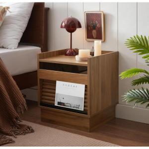 Christopher Knight Home Lamar Mid Century Modern Wooden Nightstand with Charging Station+LED Lights, Bedside Table/End Table for Bedroom/Living Room, Multipurpose Storage Cabinet with 2 Drawers,Black(Walnut Brown)