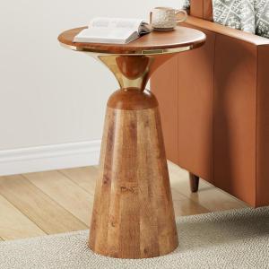 Christopher Knight Home Laveer Wood End Table, Indoor Round Side Table, Small Drink Table, Modern Solid Wood Accent Table Coffee Table for Living Room Bedroom or Small Spaces, Gold+Honey(Gold+honey Wood laveer)