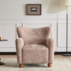 Christopher Knight Home Lindy Wingback Accent Chair, Upholstered Armchair with Rounded Wooden Legs, Curved Backrest Single Sofa, Soft Cushion Seating, Comfy Lounge Chair for Living Room, Light Brown(Beige Brown)