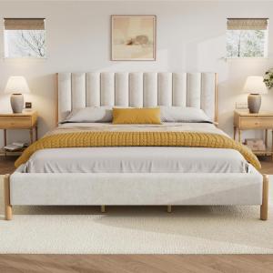 Christopher Knight Home Llanett King Size Bed Frame, Boucle Fabric Upholstered Platform Bed with Vertical Stitching Headboard, Wooden Support and Slats, No Box Spring Needed, Easy Assembly, White(King)