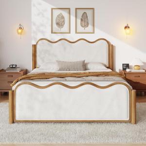 Christopher Knight Home Lucia Boucle Upholstered Queen Size Bed Frame with Headboard, Modern Queen Bed Frame and Headboard, Wooden Slats Support, Easy Assembly, No Box Spring Needed, Ivory+Walnut(Queen (U.S. Standard))