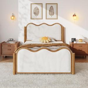 Christopher Knight Home Lucia Boucle Upholstered Queen Size Bed Frame with Headboard, Modern Queen Bed Frame and Headboard, Wooden Slats Support, Easy Assembly, No Box Spring Needed, Ivory+Walnut(Twin)