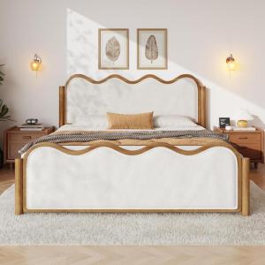 Christopher Knight Home Lucia Boucle Upholstered Queen Size Bed Frame with Headboard, Modern Queen Bed Frame and Headboard, Wooden Slats Support, Easy Assembly, No Box Spring Needed, Ivory+Walnut(Full)