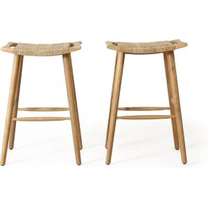 Christopher Knight Home Magwen Outdoor Acacia Wood Barstool with Wicker (Set of 2), Light Brown and Light Multi-Brown