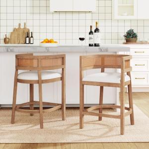 Christopher Knight Home Maida Wooden Counter Stool Set of 2, Kitchen Counter Height Bar Stool, Cocktail Stool with Rattan Round Backrest, Fabric Upholstered Chair for Bar Table, Beige+Natural Ash(Beige+natural Oak)