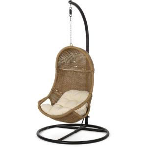 Christopher Knight Home Marcus Outdoor Wicker Hanging Chair with Stand, Light Brown and Beige(Light Brown + Black + Beige)