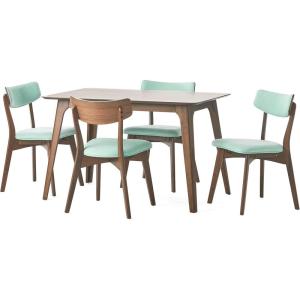 Christopher Knight Home Megann Mid-Century Wood Dining Set with Fabric Chairs, 5-Pcs Set, Natural Walnut / Mint