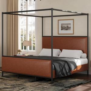 Christopher Knight Home Morgan King Canopy Bed Frame with PU Leather Upholstered Headboard, 4 Poster King Size Bed Frame and Headboard, Wood Slat Support, No Box Spring Needed, Brown + Black(Brown + Black/Pu Leather)