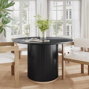 Christopher Knight Home Nalinga Modern Dining Table with Round Wood Table Top and Iron Pedestal Base, Metal Drum Base Kitchen Table for 4-6 People, Premium Quality, Black