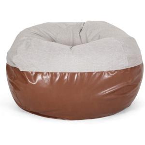 Christopher Knight Home Ohnstad 5 Foot Two Toned Bean Bag – Fabric and Faux Leather – Beige/Coffee Brown(Light Gray + Coffee Brown)