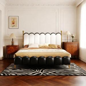Christopher Knight Home Olimo Queen Size Platform Bed, Faux Leather Headboard and Footboard, Upholstered Back, Stable Slats Frame Support, No Spring Box Needed, Easy Assembly, 47.7″ H Brown+Beige(White+black)