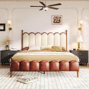 Christopher Knight Home Olimo Queen Size Platform Bed, Faux Leather Headboard and Footboard, Upholstered Back, Stable Slats Frame Support, No Spring Box Needed, Easy Assembly, 47.7″ H Brown+Beige(Brown+beige)