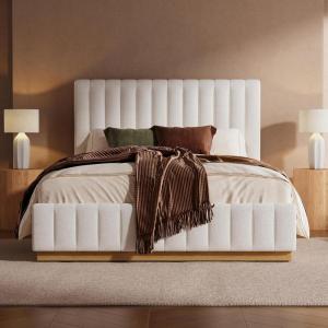 Christopher Knight Home Olivia Linen Upholstered King Size Bed Frame with Headboard, Modern King Bed Frame and Headboard, Wooden Slats Support, Easy Assembly, No Box Spring Needed, Light Beige(Light Beige)