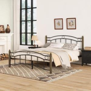 Christopher Knight Home Oner Sturdy Metal Full Size Platform Bed Frame with Wavy Headboard/Footboard, Full Size Bed Frame No Box Spring Needed, Iron Bed Support and Slats, Easy Assembly, Black+Gold(Black+gold)