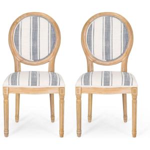Christopher Knight Home Phinnaeus Polyester Beige Fabric Dining Chair (Set of 2), 2-Pcs Set(Dark Blue Line + Natural)