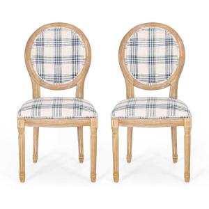Christopher Knight Home Phinnaeus Polyester Beige Fabric Dining Chair (Set of 2), 2-Pcs Set(Dark Blue Plaid + Natural)